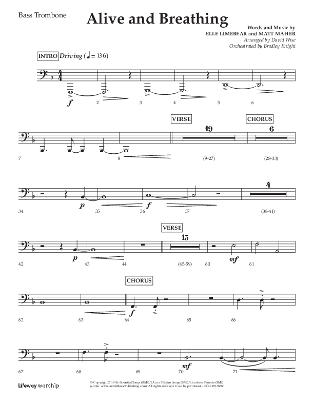 Alive And Breathing (Choral Anthem SATB) Bass Trombone (Lifeway Choral / Arr. David Wise)