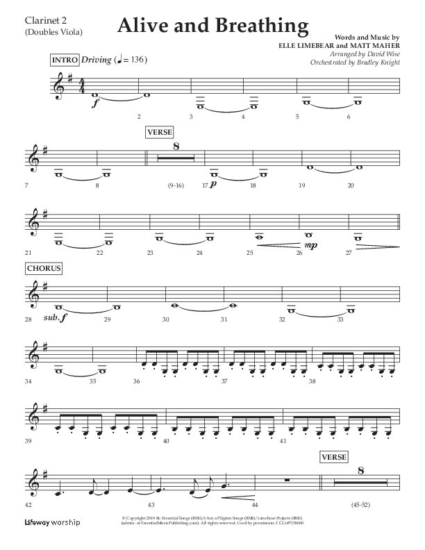 Alive And Breathing (Choral Anthem SATB) Clarinet 1/2 (Lifeway Choral / Arr. David Wise)