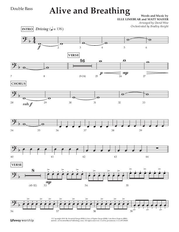 Alive And Breathing (Choral Anthem SATB) Double Bass (Lifeway Choral / Arr. David Wise)