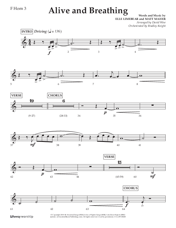Alive And Breathing (Choral Anthem SATB) French Horn 3 (Lifeway Choral / Arr. David Wise)