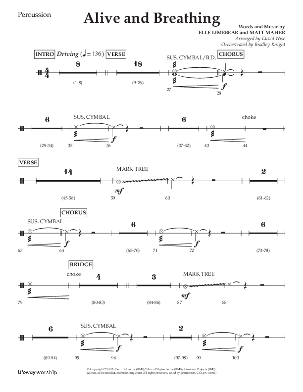 Alive And Breathing (Choral Anthem SATB) Percussion (Lifeway Choral / Arr. David Wise)