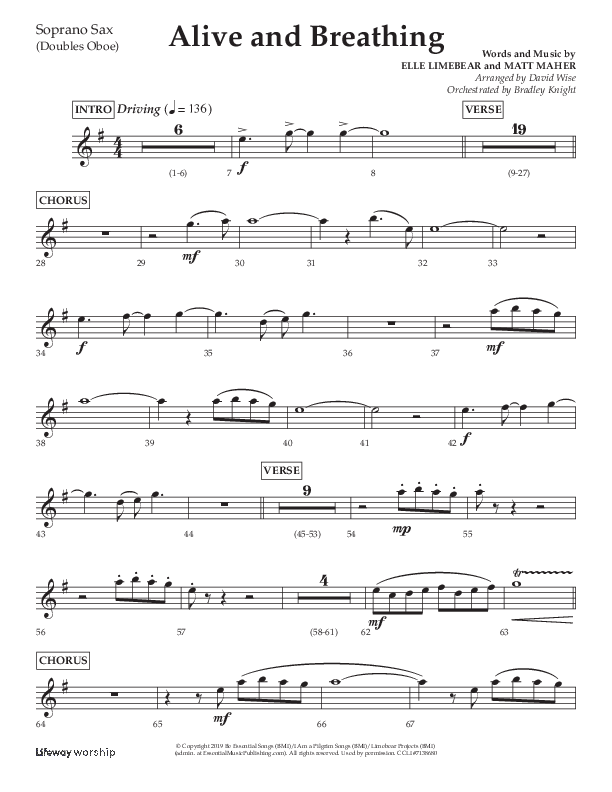 Alive And Breathing (Choral Anthem SATB) Soprano Sax (Lifeway Choral / Arr. David Wise)