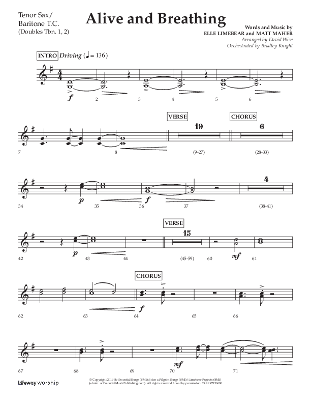 Alive And Breathing (Choral Anthem SATB) Tenor Sax/Baritone T.C. (Lifeway Choral / Arr. David Wise)