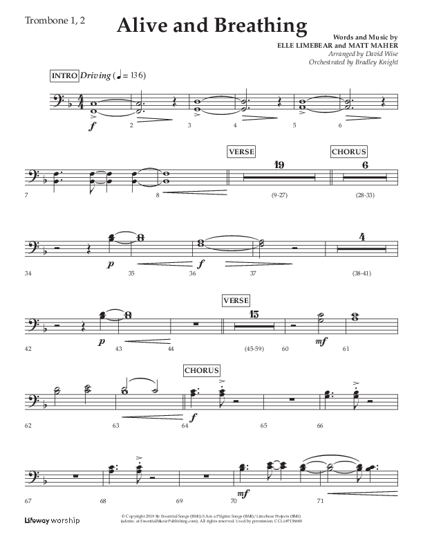 Alive And Breathing (Choral Anthem SATB) Trombone 1/2 (Lifeway Choral / Arr. David Wise)
