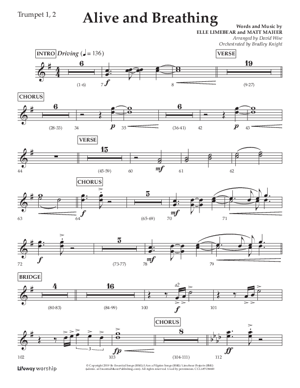 Alive And Breathing (Choral Anthem SATB) Trumpet 1,2 (Lifeway Choral / Arr. David Wise)