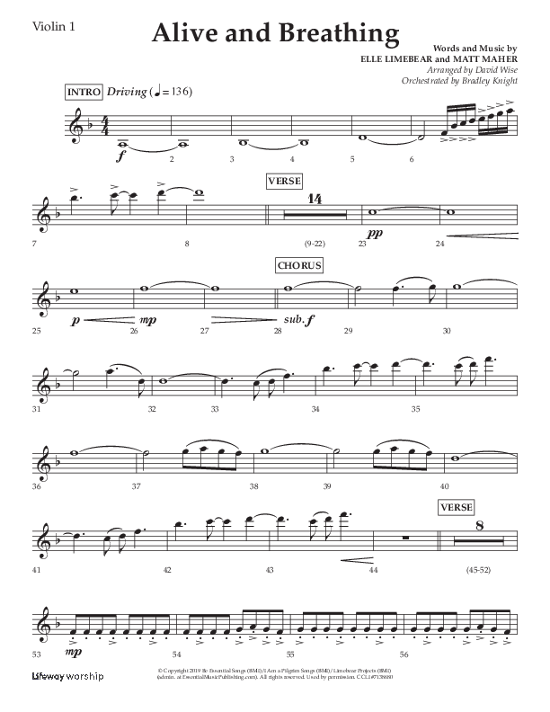 Alive And Breathing (Choral Anthem SATB) Violin 1 (Lifeway Choral / Arr. David Wise)
