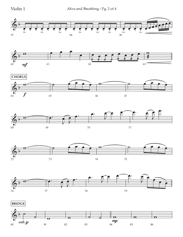 Alive And Breathing (Choral Anthem SATB) Violin 1 (Lifeway Choral / Arr. David Wise)