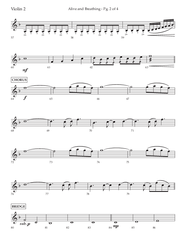 Alive And Breathing (Choral Anthem SATB) Violin 2 (Lifeway Choral / Arr. David Wise)
