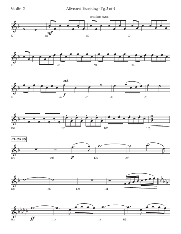 Alive And Breathing (Choral Anthem SATB) Violin 2 (Lifeway Choral / Arr. David Wise)