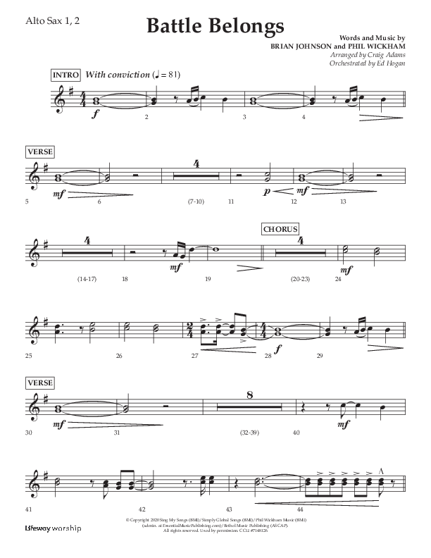 Battle Belongs (Choral Anthem SATB) Alto Sax 1/2 (Lifeway Choral / Arr. Craig Adams)