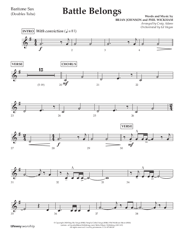 Battle Belongs (Choral Anthem SATB) Bari Sax (Lifeway Choral / Arr. Craig Adams)