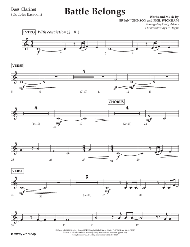 Battle Belongs (Choral Anthem SATB) Bass Clarinet (Lifeway Choral / Arr. Craig Adams)