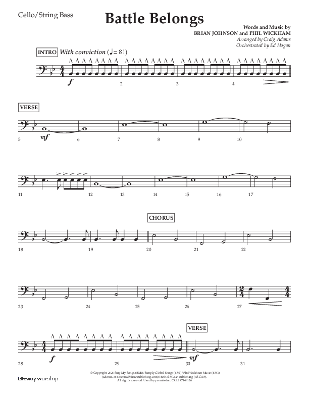 Battle Belongs (Choral Anthem SATB) Cello/Bass (Lifeway Choral / Arr. Craig Adams)