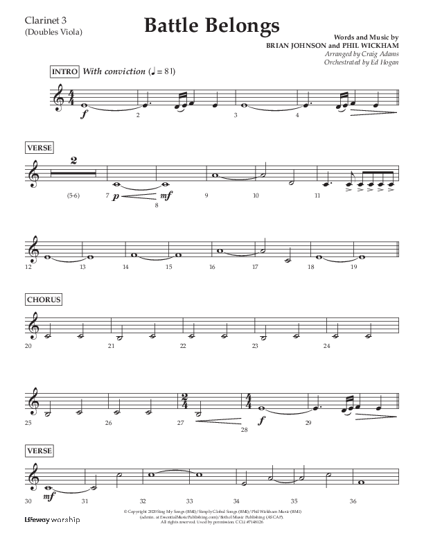 Battle Belongs (Choral Anthem SATB) Clarinet 3 (Lifeway Choral / Arr. Craig Adams)