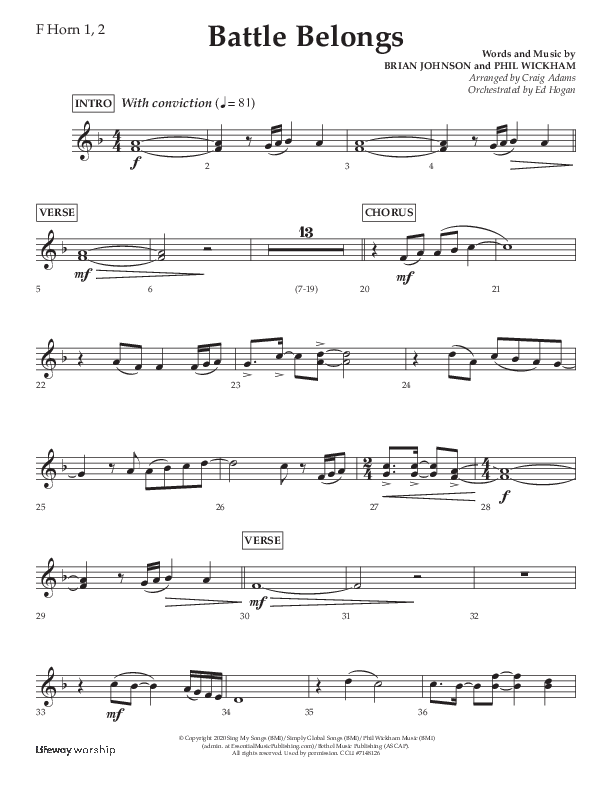 Battle Belongs (Choral Anthem SATB) French Horn 1/2 (Lifeway Choral / Arr. Craig Adams)