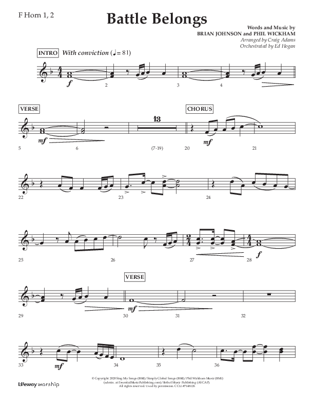 Battle Belongs (Choral Anthem SATB) French Horn 1/2 (Lifeway Choral / Arr. Craig Adams)