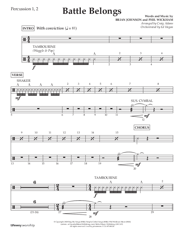 Battle Belongs (Choral Anthem SATB) Percussion 1/2 (Lifeway Choral / Arr. Craig Adams)