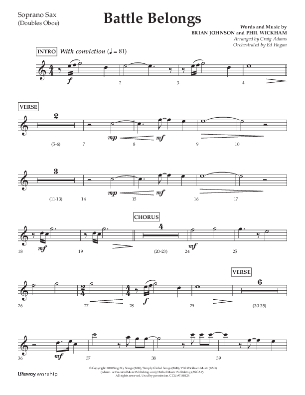 Battle Belongs (Choral Anthem SATB) Soprano Sax (Lifeway Choral / Arr. Craig Adams)