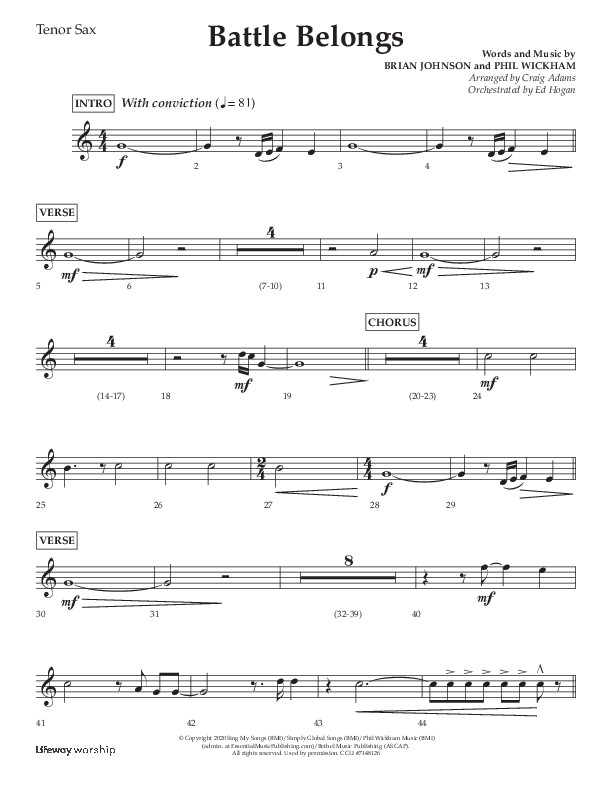 Battle Belongs (Choral Anthem SATB) Tenor Sax 1 (Lifeway Choral / Arr. Craig Adams)