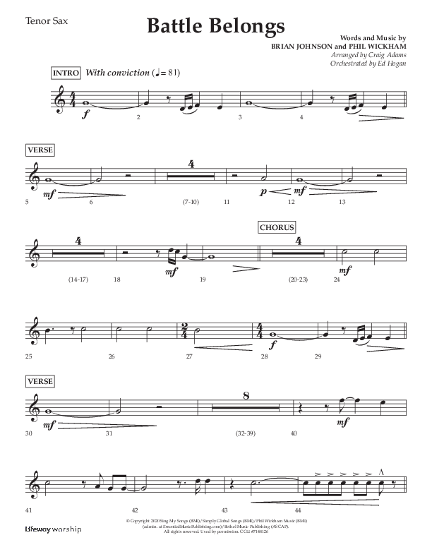 Battle Belongs (Choral Anthem SATB) Tenor Sax 1 (Lifeway Choral / Arr. Craig Adams)