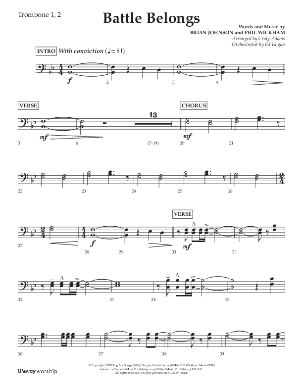 Battle Belongs (Choral Anthem SATB) Trombone 1/2 (Lifeway Choral / Arr. Craig Adams)