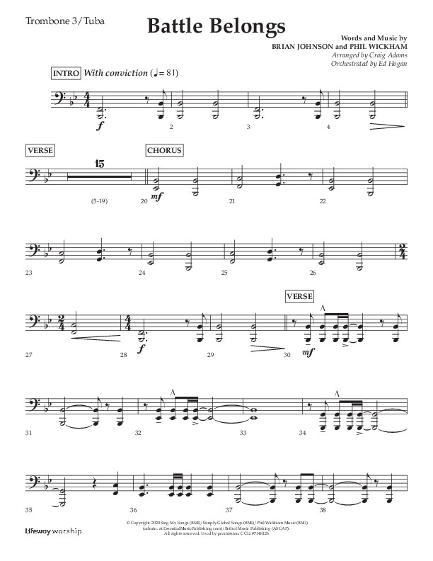 Battle Belongs (Choral Anthem SATB) Trombone 3/Tuba (Lifeway Choral / Arr. Craig Adams)