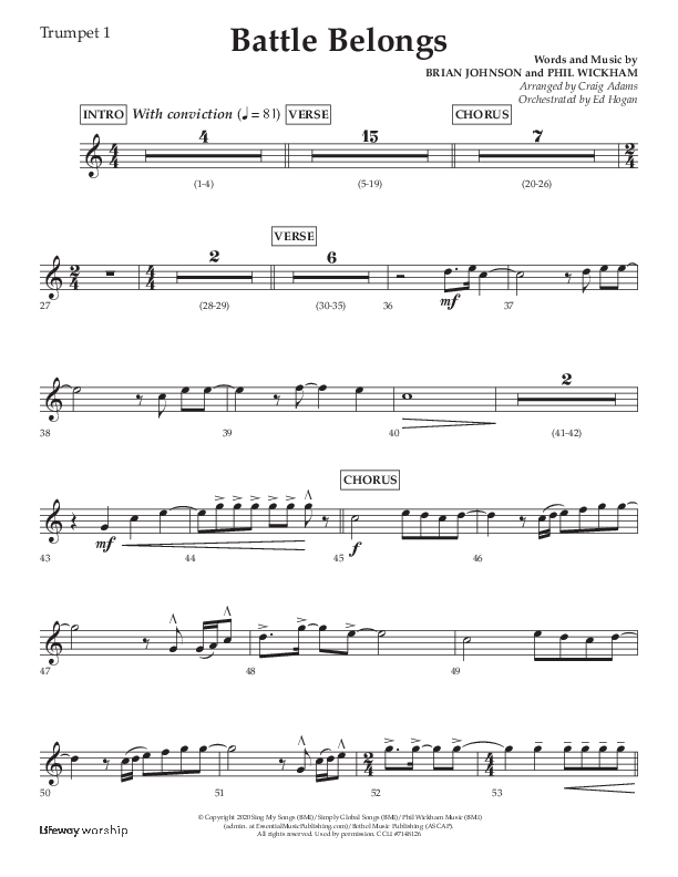 Battle Belongs (Choral Anthem SATB) Trumpet 1 (Lifeway Choral / Arr. Craig Adams)