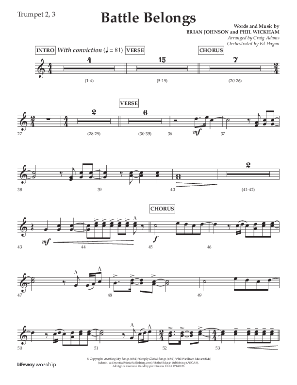 Battle Belongs (Choral Anthem SATB) Trumpet 2/3 (Lifeway Choral / Arr. Craig Adams)