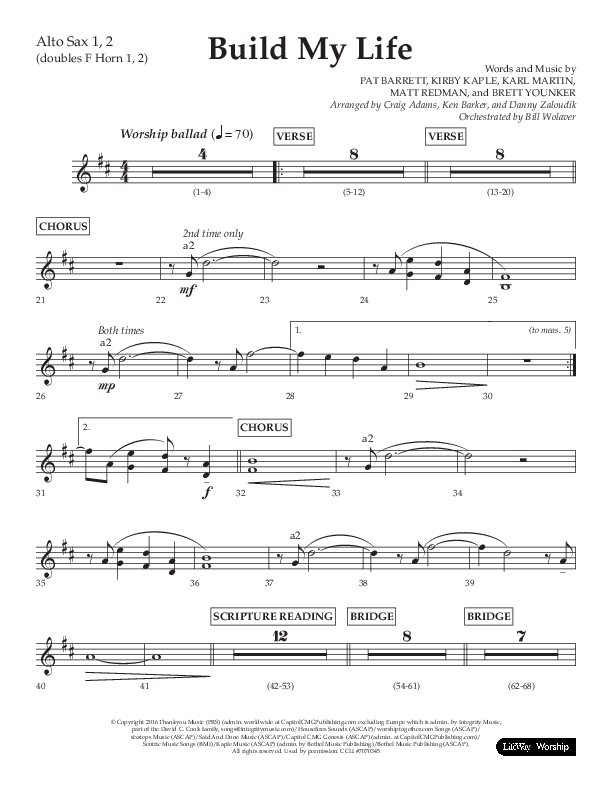 Build My Life (Choral Anthem SATB) Alto Sax 1/2 (Lifeway Choral / Arr. Ken Barker / Arr. Craig Adams / Arr. Danny Zaloudik)