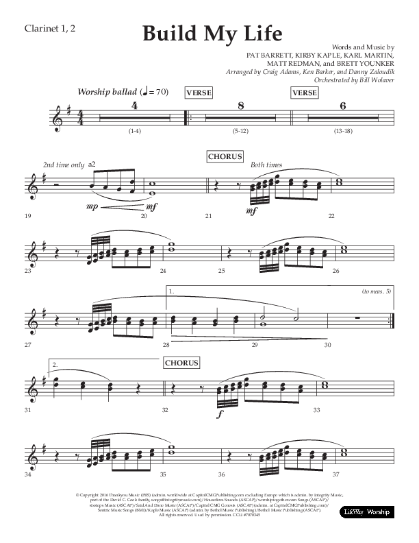 Build My Life (Choral Anthem SATB) Clarinet 1/2 (Lifeway Choral / Arr. Ken Barker / Arr. Craig Adams / Arr. Danny Zaloudik)