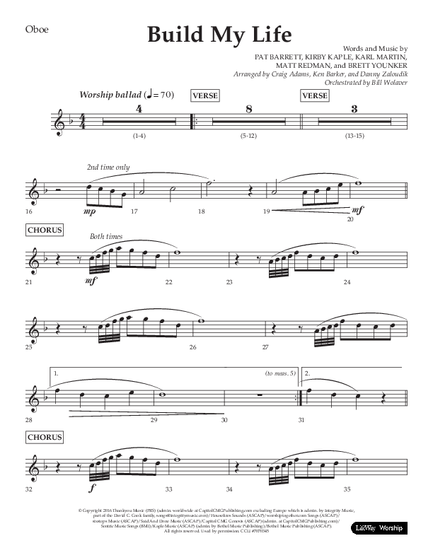 Build My Life (Choral Anthem SATB) Oboe (Lifeway Choral / Arr. Ken Barker / Arr. Craig Adams / Arr. Danny Zaloudik)