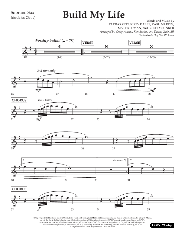 Build My Life (Choral Anthem SATB) Soprano Sax (Lifeway Choral / Arr. Ken Barker / Arr. Craig Adams / Arr. Danny Zaloudik)