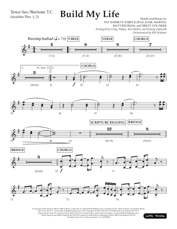 Build My Life (Choral Anthem SATB) Tenor Sax/Baritone T.C. (Lifeway Choral / Arr. Ken Barker / Arr. Craig Adams / Arr. Danny Zaloudik)
