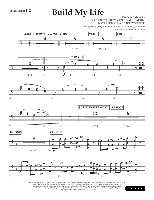 Build My Life (Choral Anthem SATB) Trombone 1/2 (Lifeway Choral / Arr. Ken Barker / Arr. Craig Adams / Arr. Danny Zaloudik)