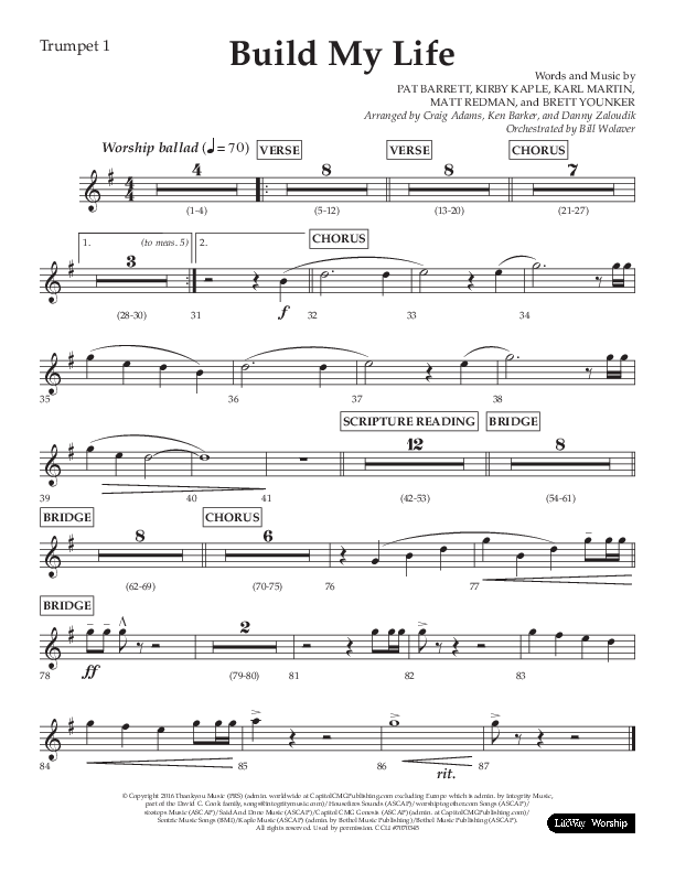 Build My Life (Choral Anthem SATB) Trumpet 1 (Lifeway Choral / Arr. Ken Barker / Arr. Craig Adams / Arr. Danny Zaloudik)