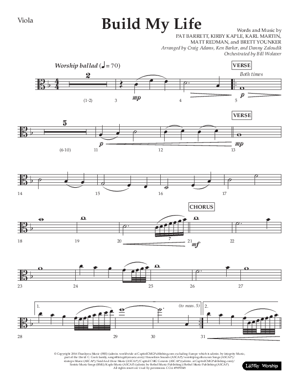 Build My Life (Choral Anthem SATB) Viola (Lifeway Choral / Arr. Ken Barker / Arr. Craig Adams / Arr. Danny Zaloudik)