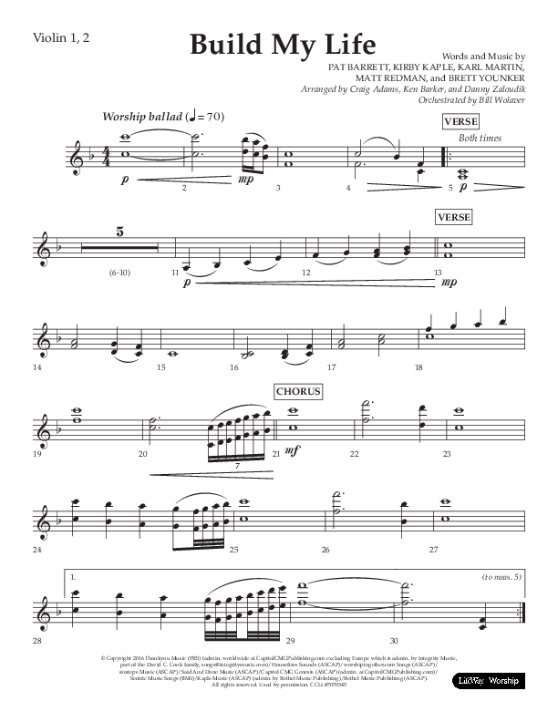 Build My Life (Choral Anthem SATB) Violin 1/2 (Lifeway Choral / Arr. Ken Barker / Arr. Craig Adams / Arr. Danny Zaloudik)