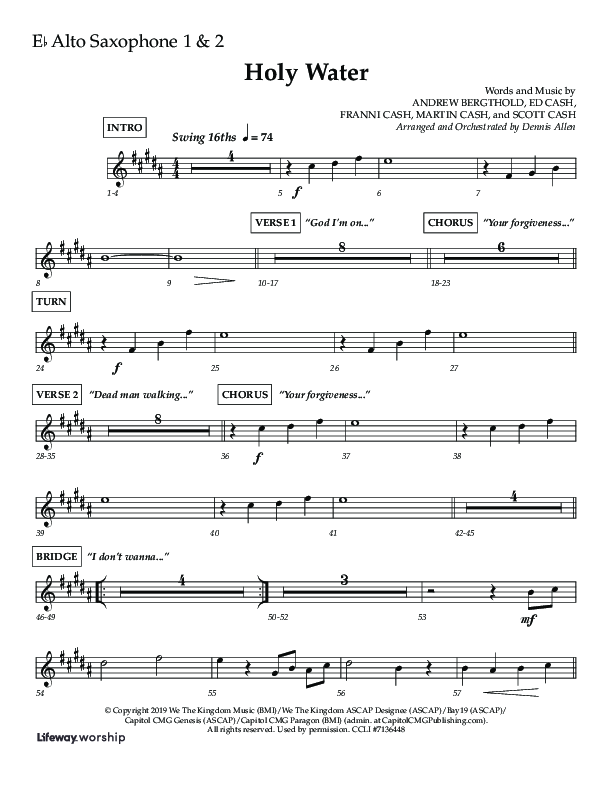 Holy Water (Choral Anthem SATB) Alto Sax 1/2 (Lifeway Choral / Arr. Dennis Allen)