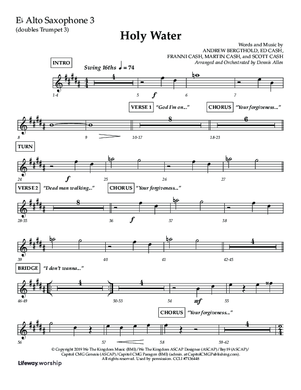 Holy Water (Choral Anthem SATB) Alto Sax (Lifeway Choral / Arr. Dennis Allen)