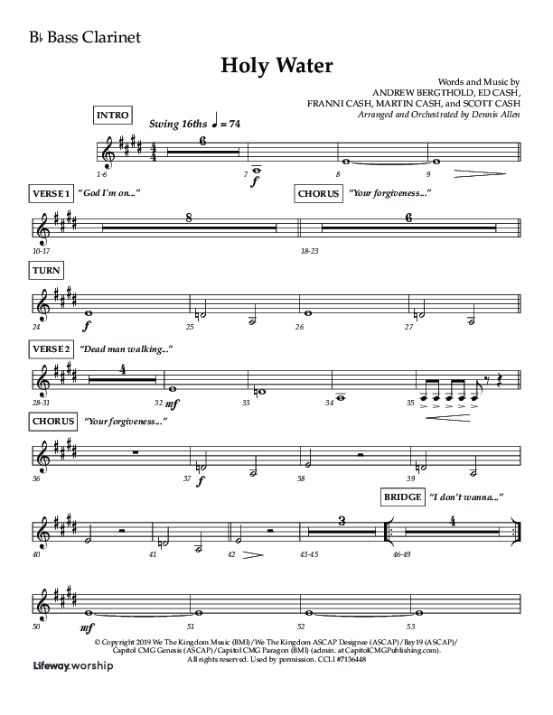 Holy Water (Choral Anthem SATB) Bass Clarinet (Lifeway Choral / Arr. Dennis Allen)