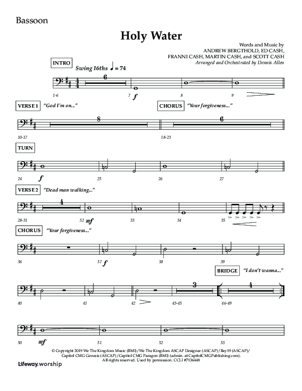 Holy Water (Choral Anthem SATB) Bassoon (Lifeway Choral / Arr. Dennis Allen)