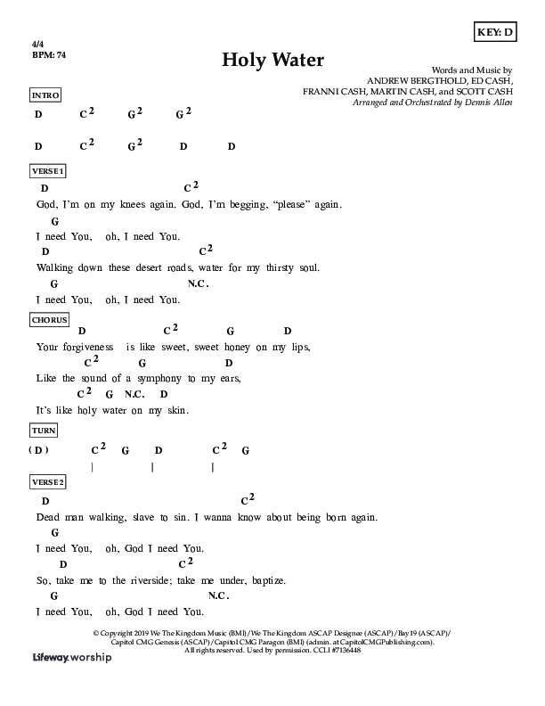 Holy Water (Choral Anthem SATB) Chord Chart (Lifeway Choral / Arr. Dennis Allen)