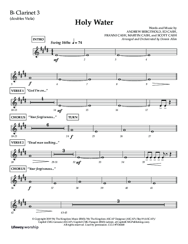Holy Water (Choral Anthem SATB) Clarinet 3 (Lifeway Choral / Arr. Dennis Allen)