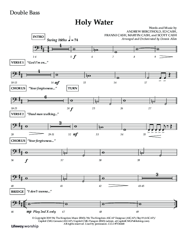 Holy Water (Choral Anthem SATB) Double Bass (Lifeway Choral / Arr. Dennis Allen)
