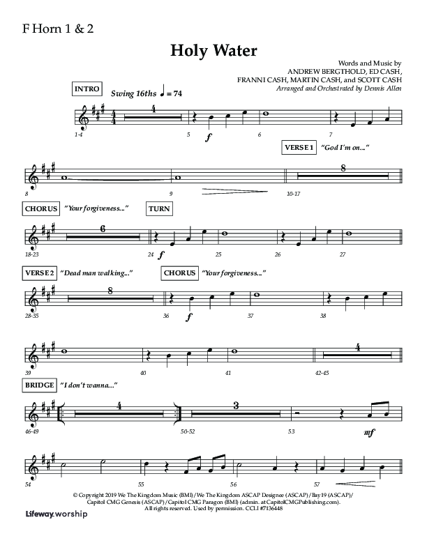 Holy Water (Choral Anthem SATB) French Horn 1/2 (Lifeway Choral / Arr. Dennis Allen)