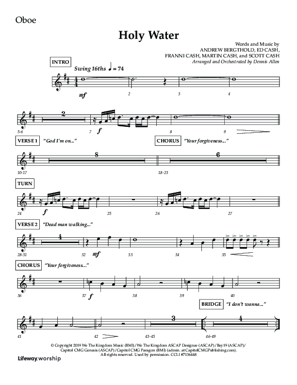Holy Water (Choral Anthem SATB) Oboe (Lifeway Choral / Arr. Dennis Allen)