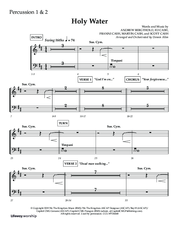 Holy Water (Choral Anthem SATB) Percussion 1/2 (Lifeway Choral / Arr. Dennis Allen)