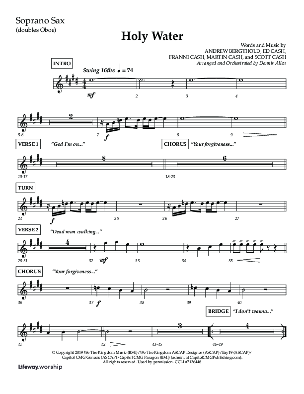 Holy Water (Choral Anthem SATB) Soprano Sax (Lifeway Choral / Arr. Dennis Allen)