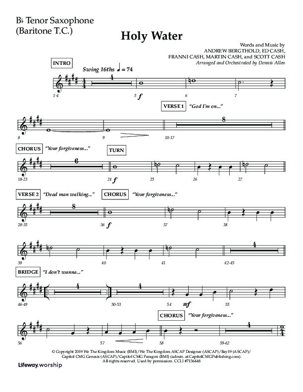 Holy Water (Choral Anthem SATB) Tenor Sax 1 (Lifeway Choral / Arr. Dennis Allen)
