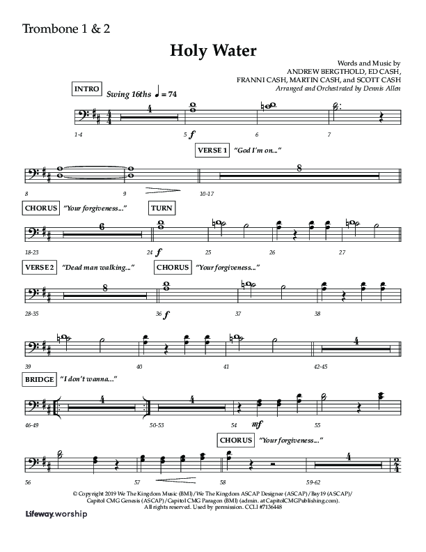 Holy Water (Choral Anthem SATB) Trombone 1/2 (Lifeway Choral / Arr. Dennis Allen)